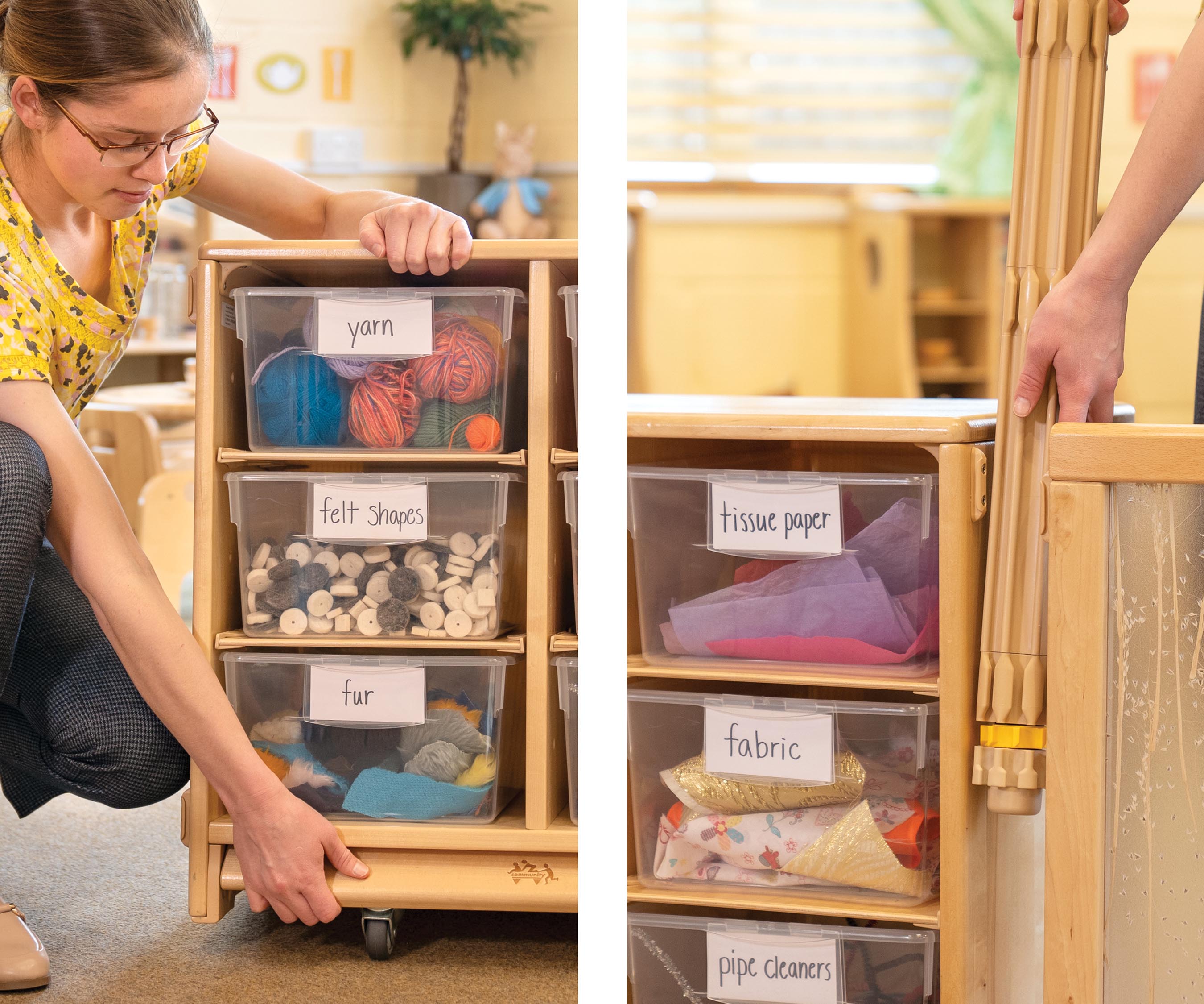 A young woman demonstrates the flip-up wheels and connecting posts of Roomscapes