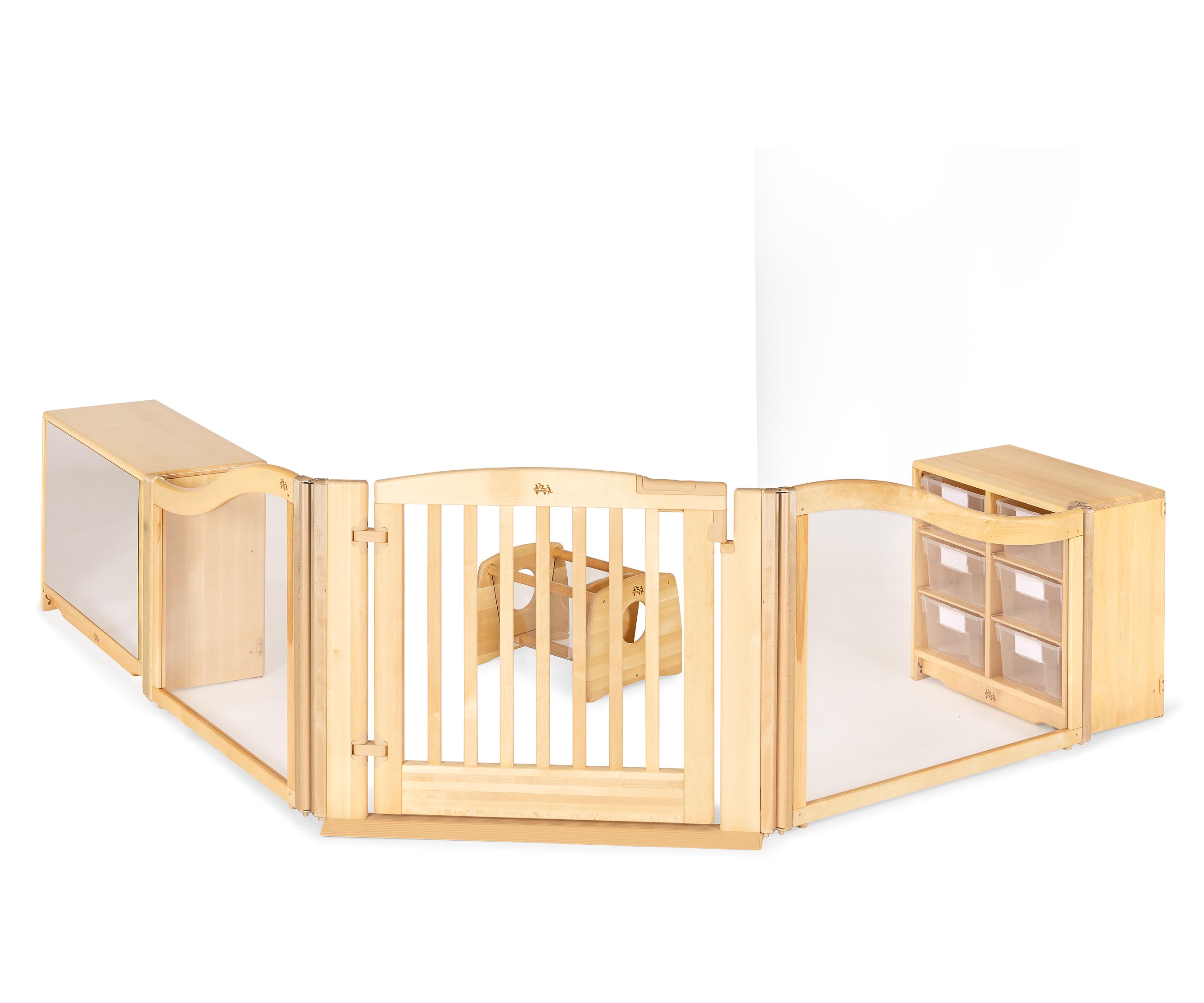 Baby room divider with gate and storage shelves for Montessori, Reggio, or EYFS classroom.