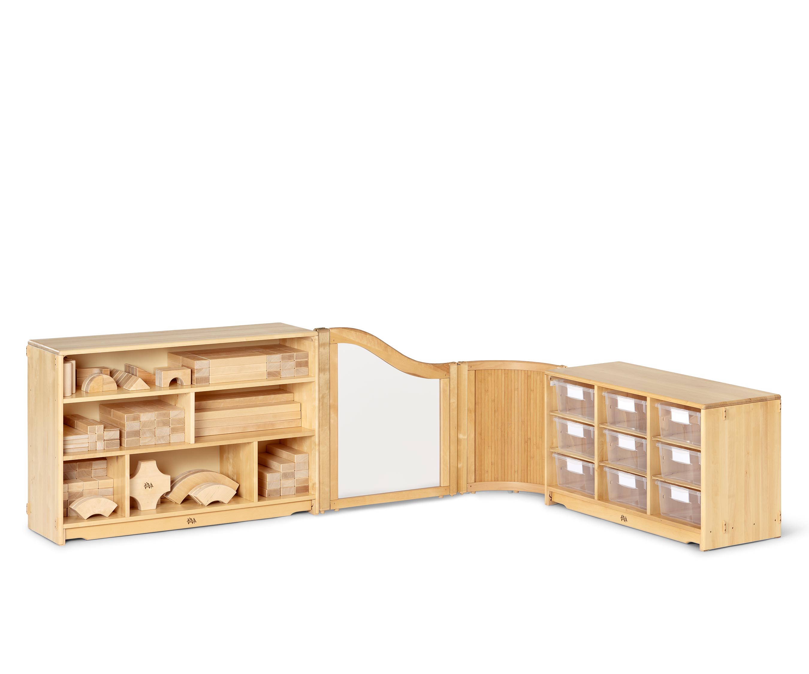 A complete construction area with storage shelves for Reggio, Montessori, or EYFS classroom.