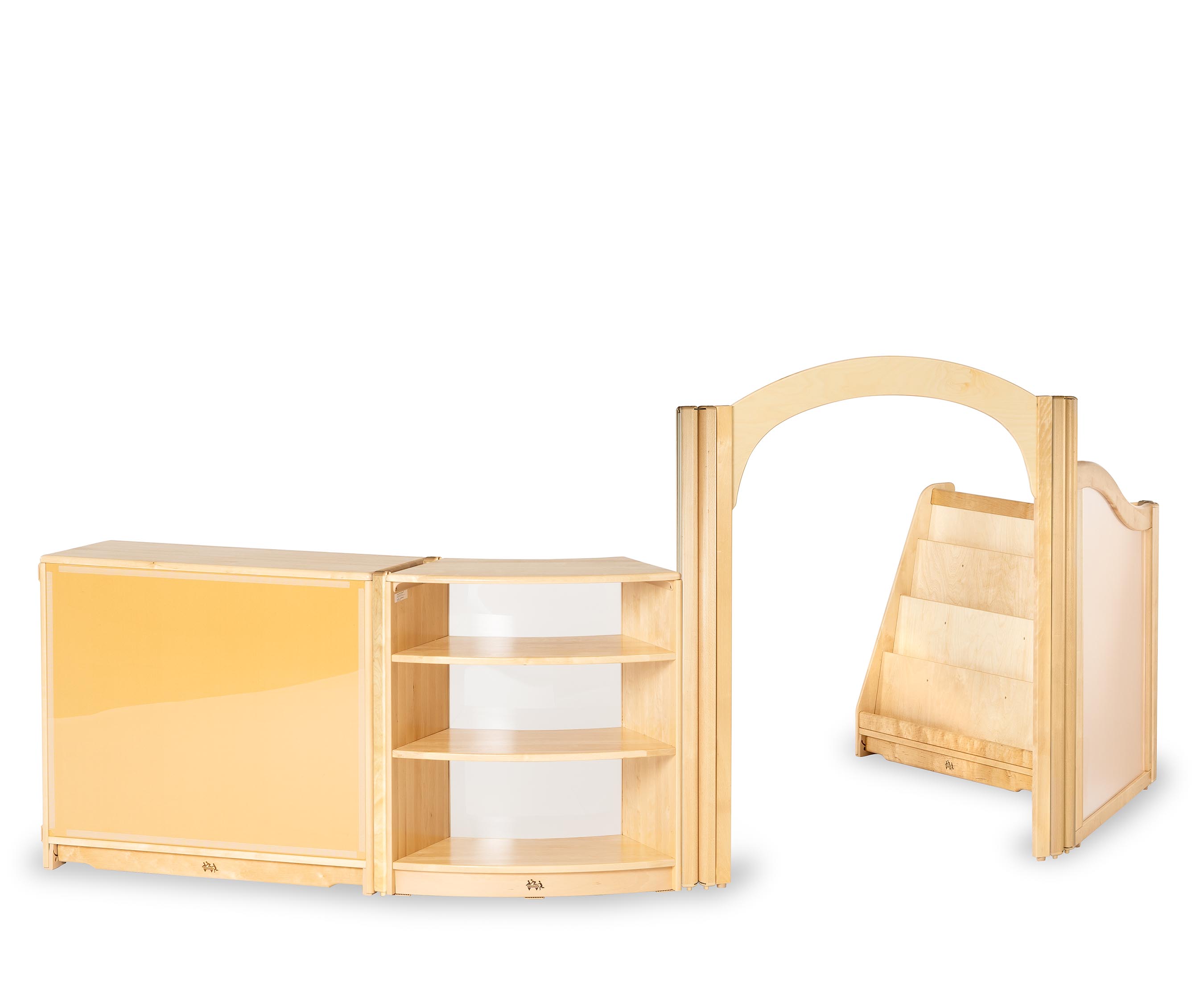 Literacy area or book corner with book display and storage shelves for Montessori, Reggio or EYFS classroom.