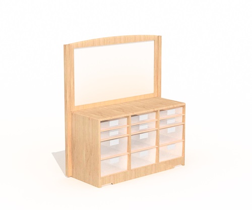 Rendering of a display shelf with trays for storage