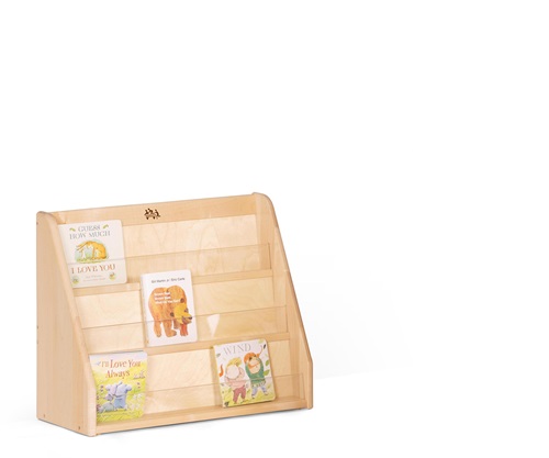 toddler board books placed on a solid wood book display for nursery settings