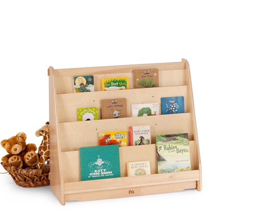 books placed on a solid wood book display case for school and nursery settings