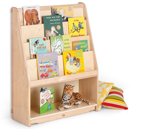children's books on a solid wood book display shelf for school and nursery settings