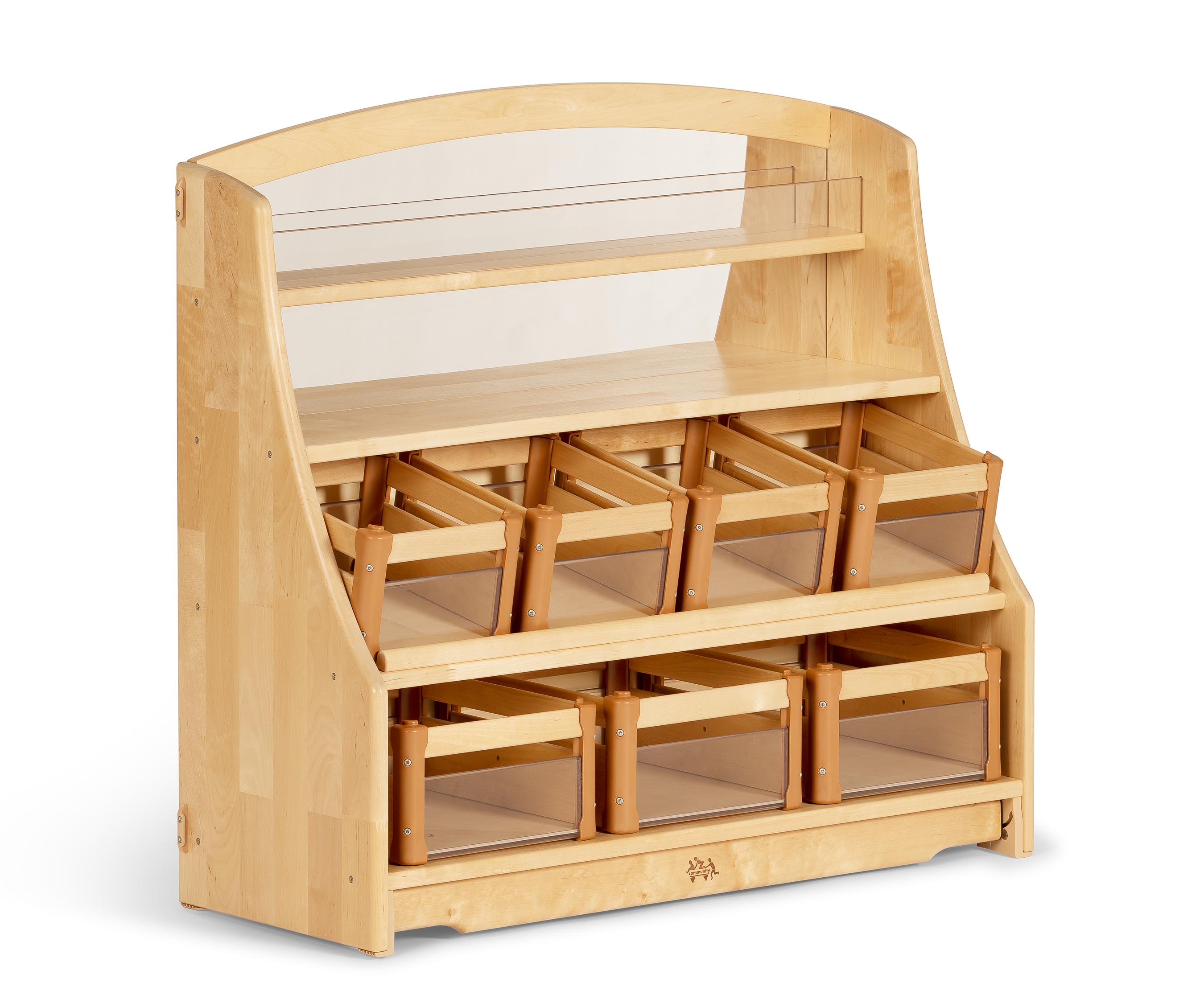 Display and discovery shelf with clear Carry crates