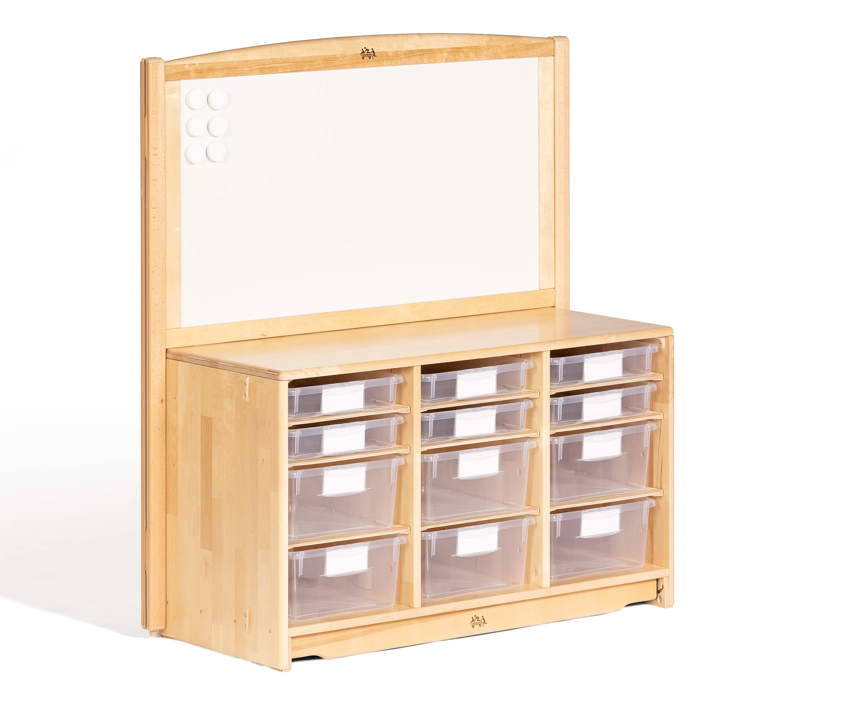 A display shelf with trays for storage.