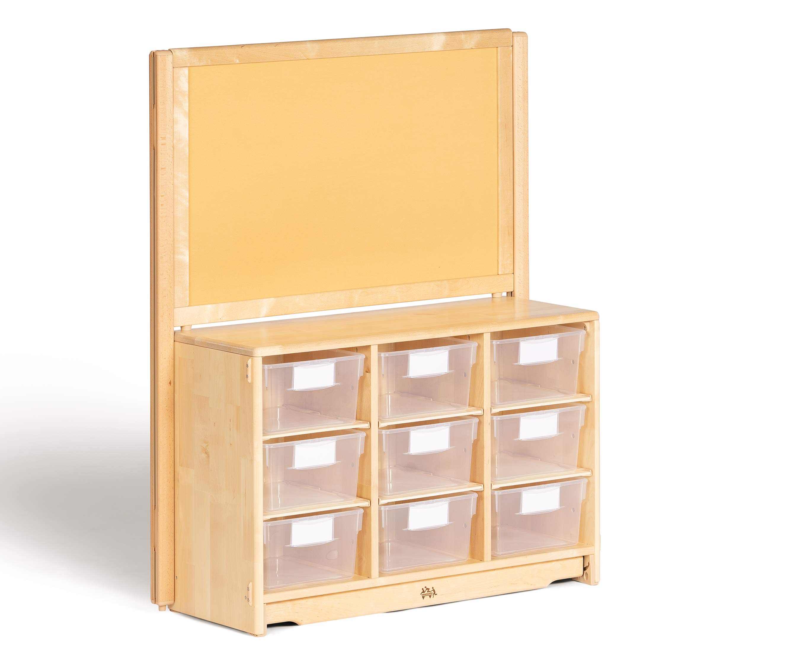 Display shelf with tray storage and a reversible whiteboard and display board.