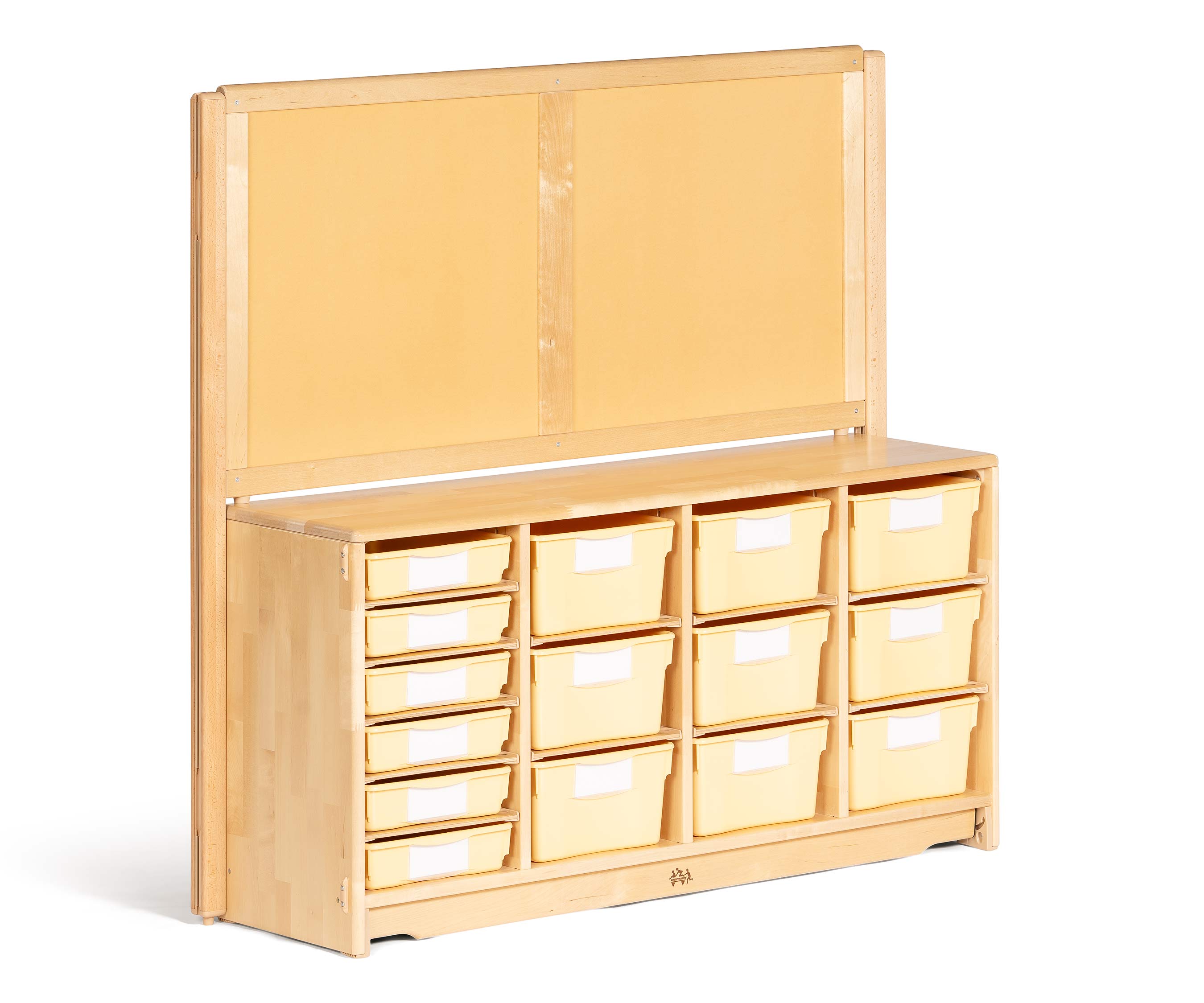 Large solid wood storage shelf with cream trays for loose parts, craft supplies, science material, and other manipulatives.