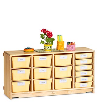 A tote shelf full of cream totes