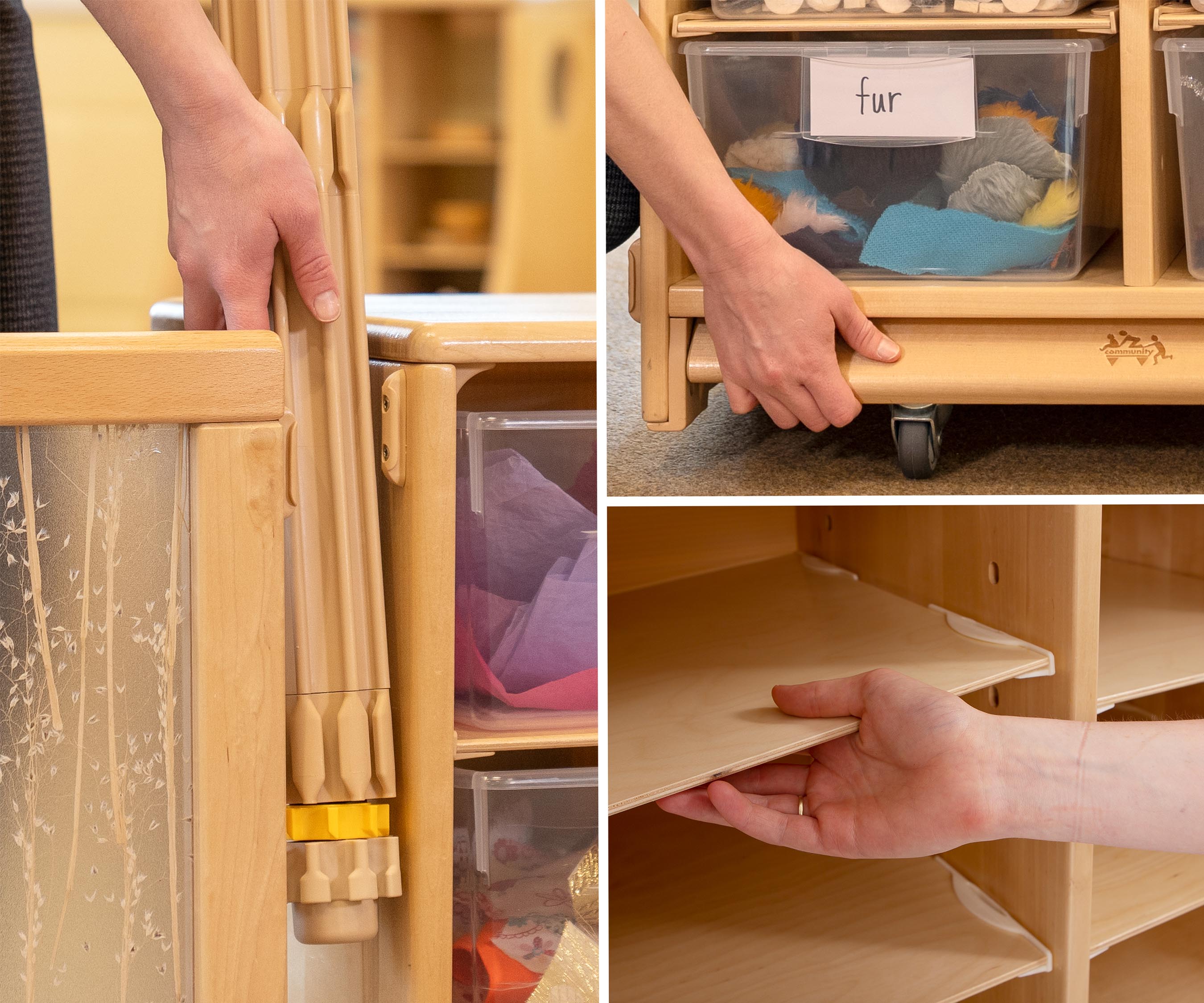 closeups of a roomscapes post, toe trim, and shelf divider