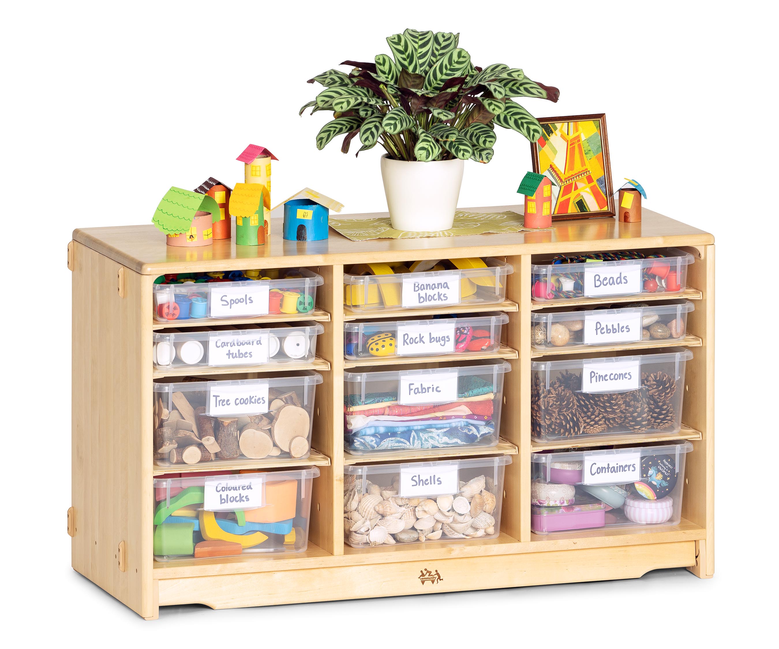 Tray shelf with bins of loose parts