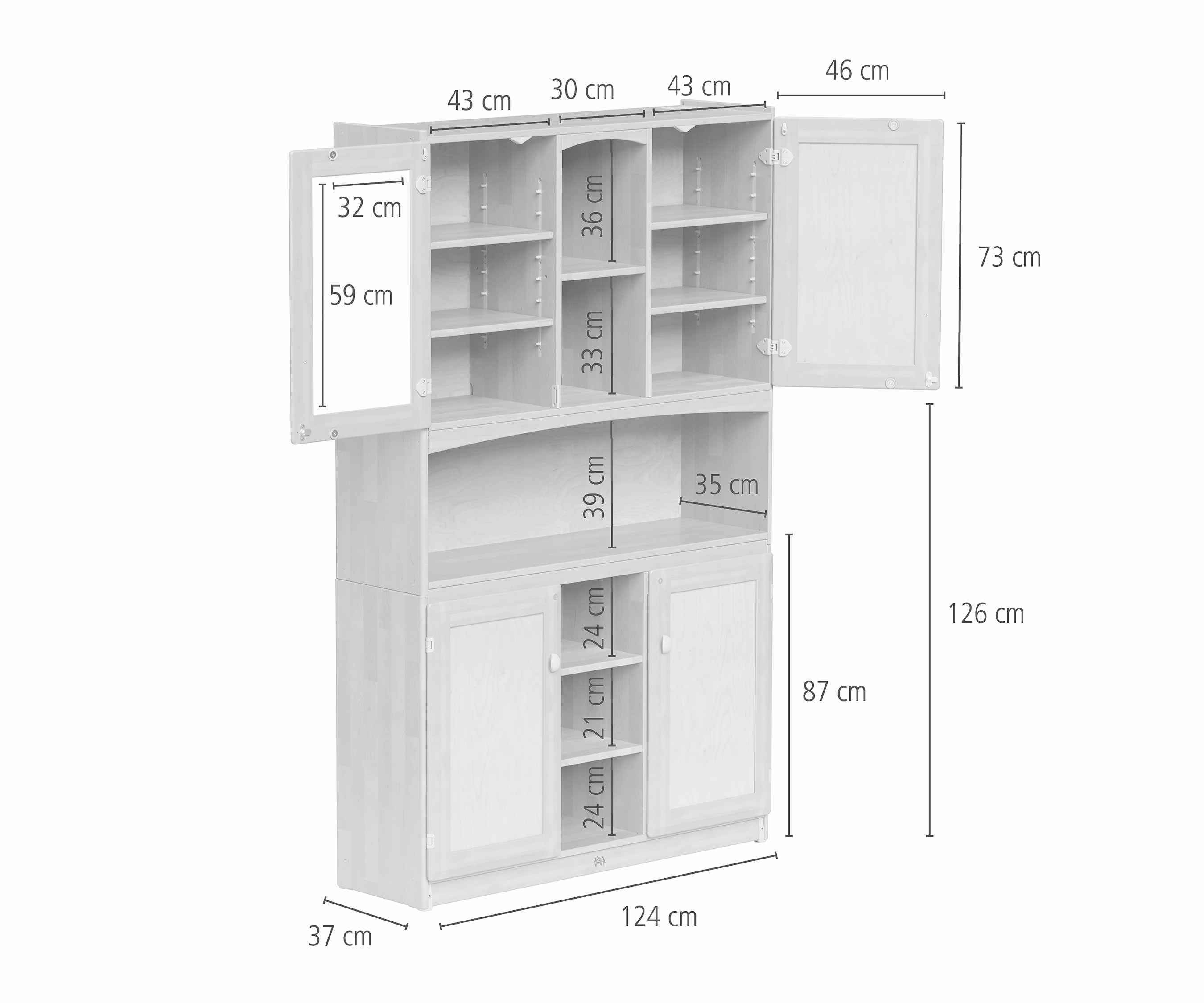 Detailed dimensions for 124 cm display shelf