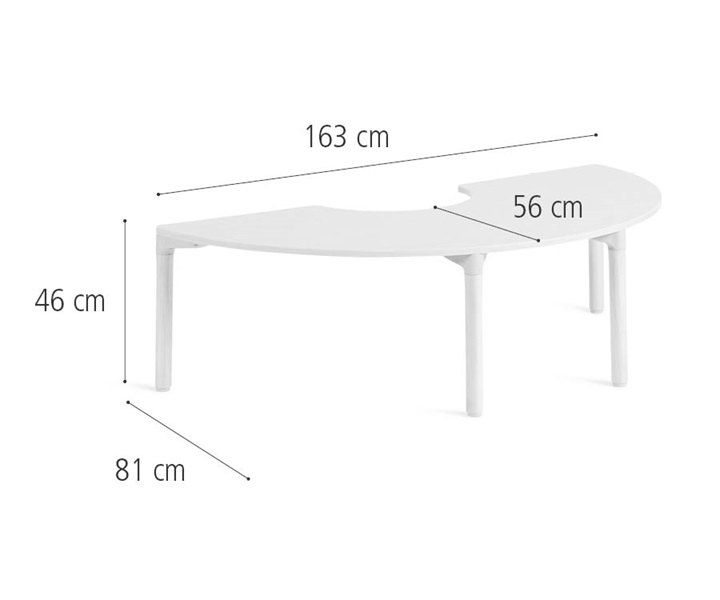 163 cm Half circle table, solid legs dimensions