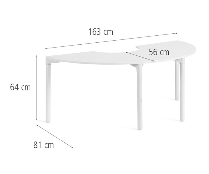 163 cm Half circle table, solid legs dimensions