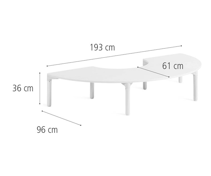 193 cm Half circle table, solid legs dimensions