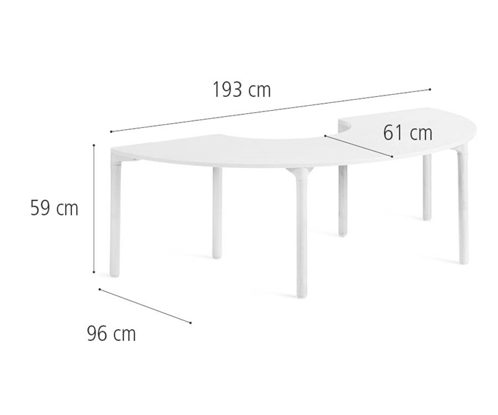 193 cm Half circle table, solid legs dimensions