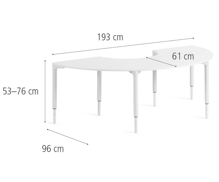 D344 193 cm Half circle table, high dimensions