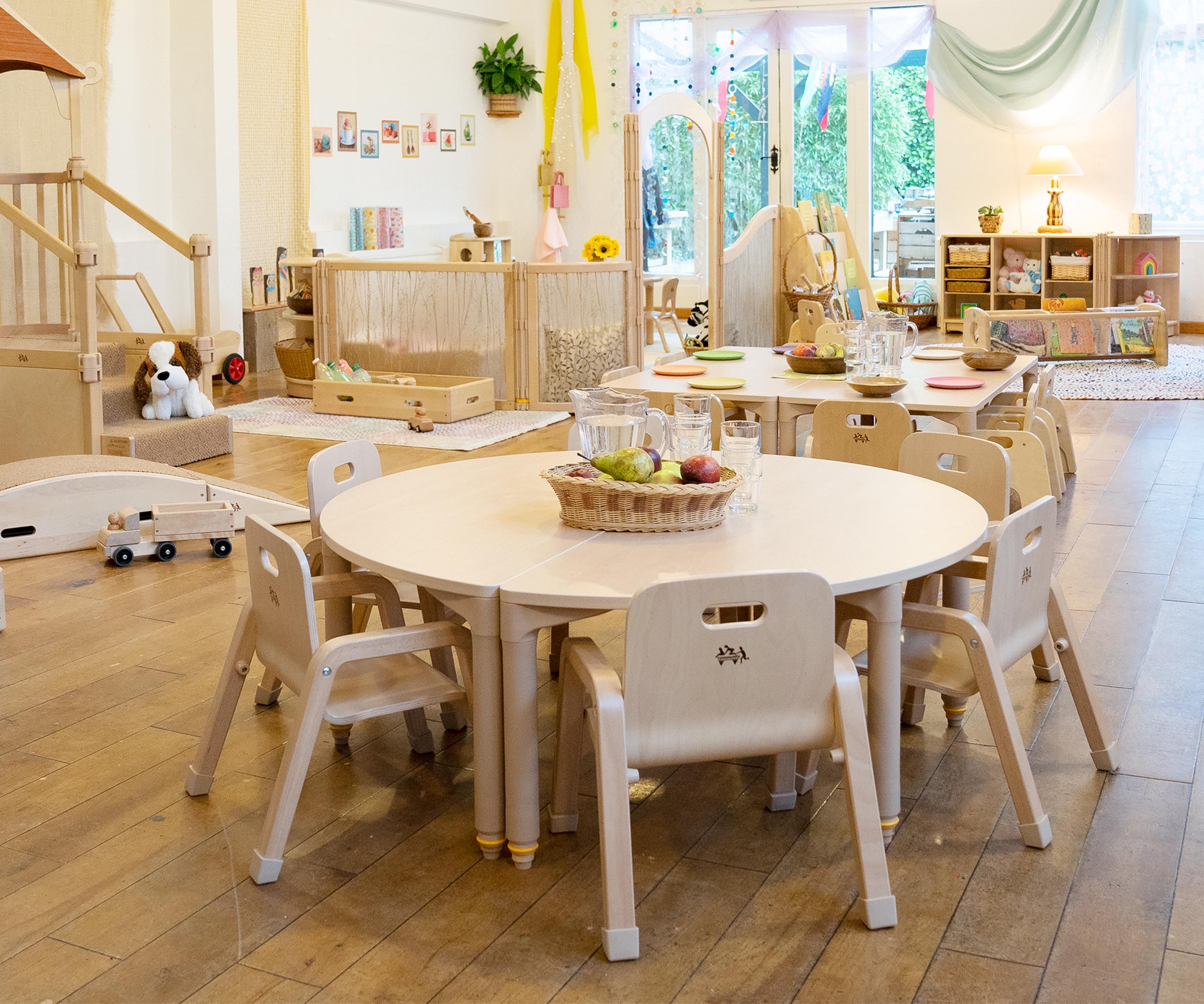 Half moon table with best sale chairs