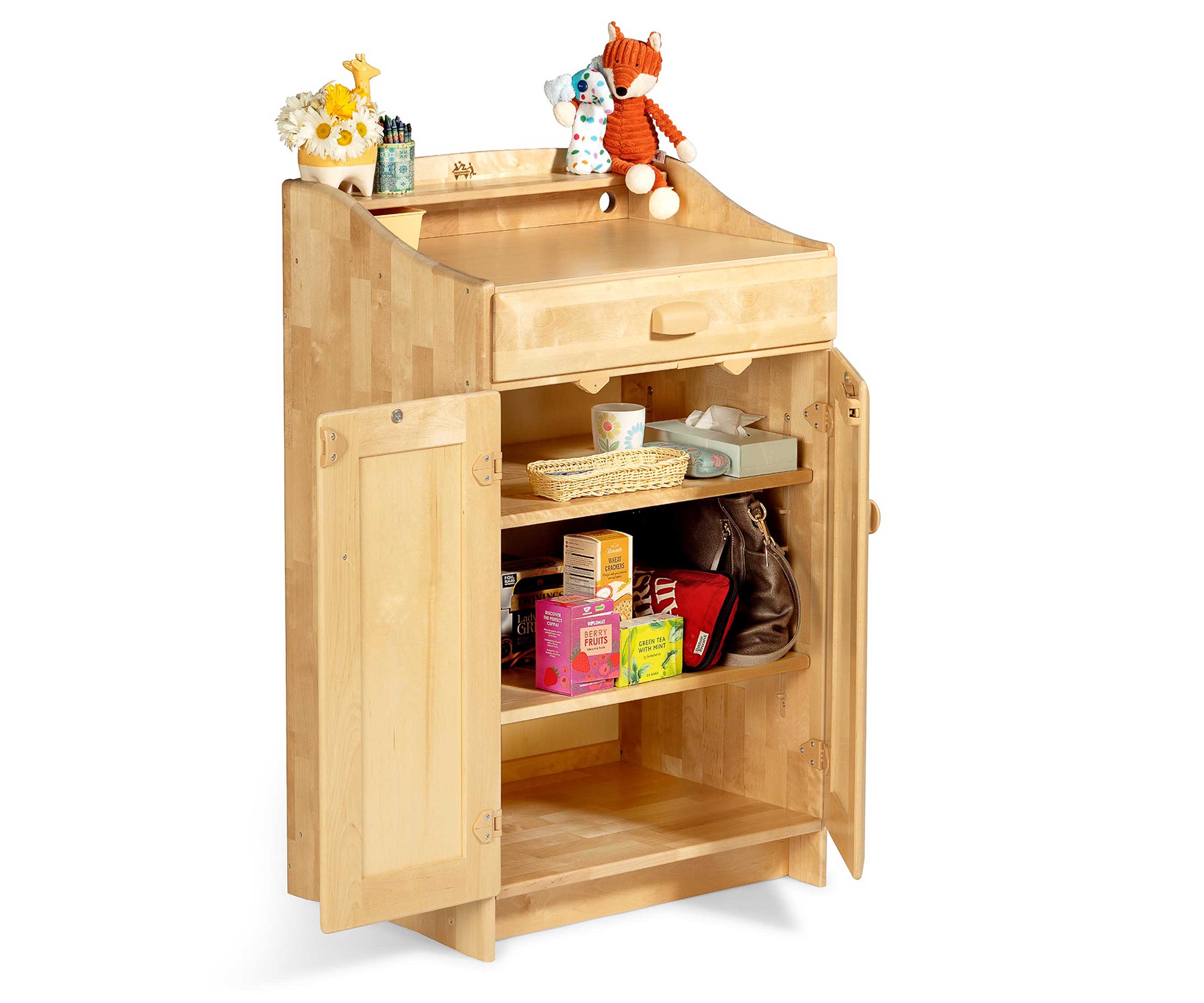 Open Teacher standing desk showing contents