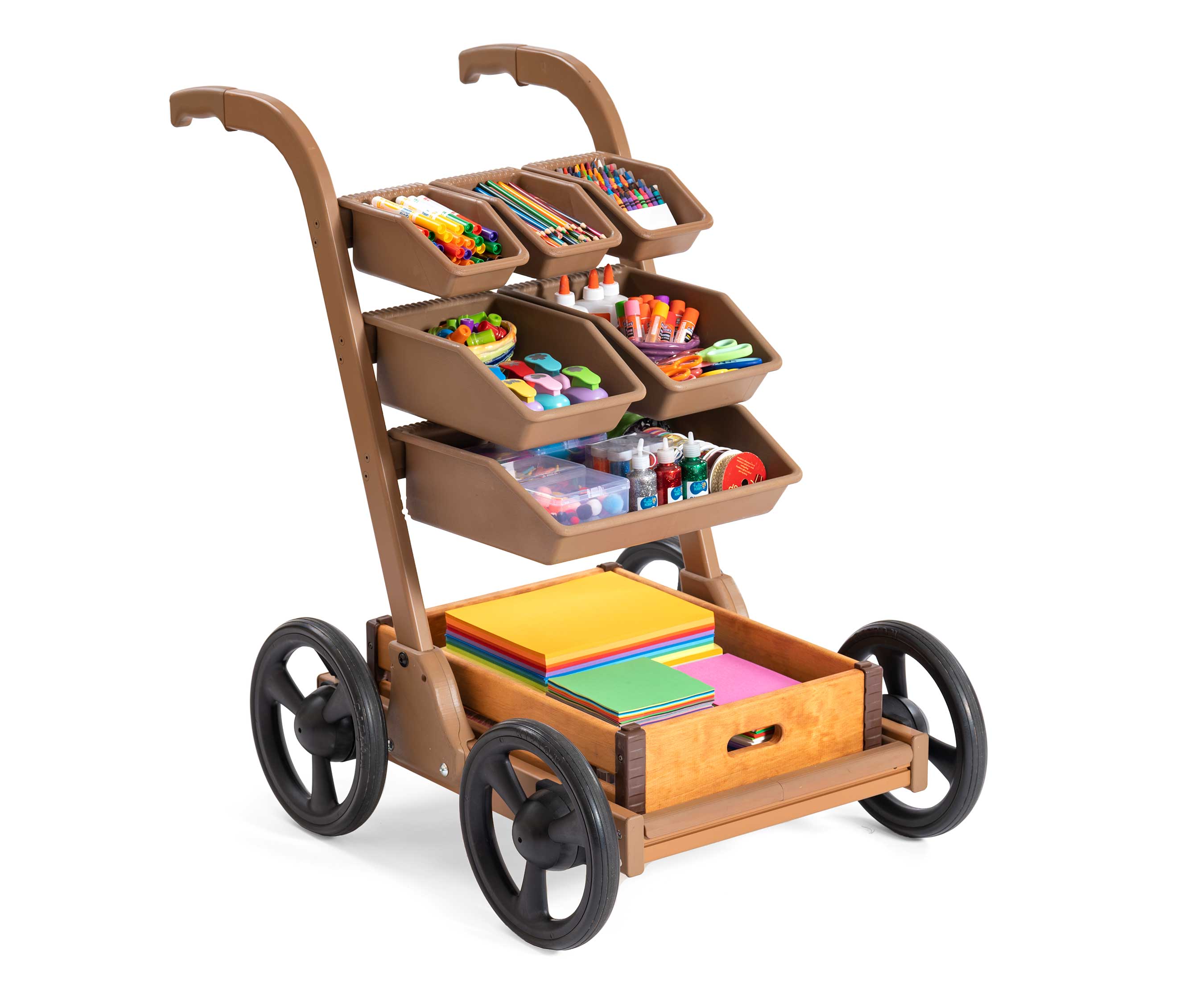 An outdoor art wagon full of craft supplies and materials.