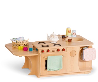 C520 Home Corner kitchen unit with oven, hob, sink, and side table, with play accessories.