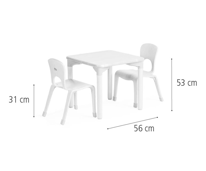 C224 Square play table 53 cm and two chairs 31 cm dimensions