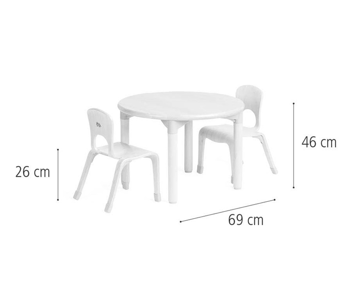 C233 Round play table 46 cm and two chairs 26 cm dimensions
