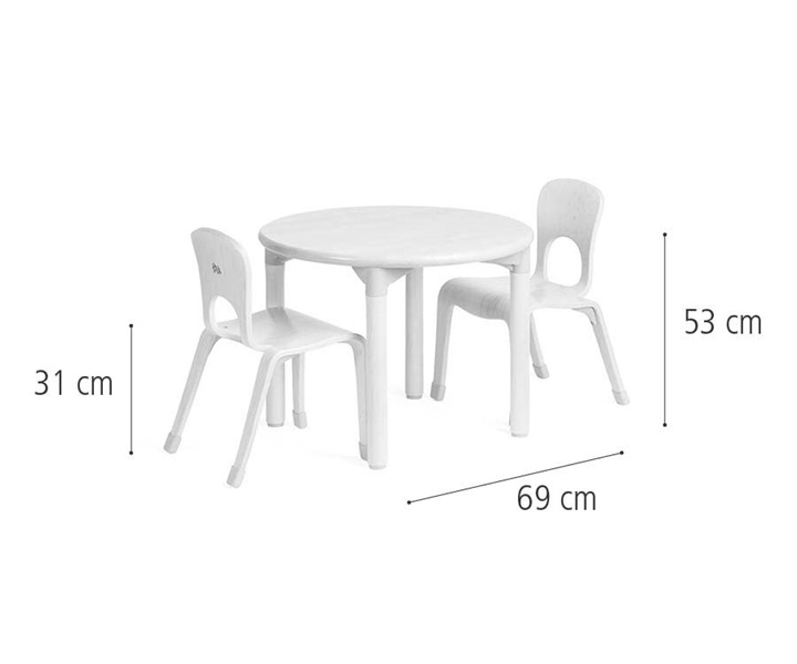 C234 Round play table 53 cm and two chairs 31 cm dimensions
