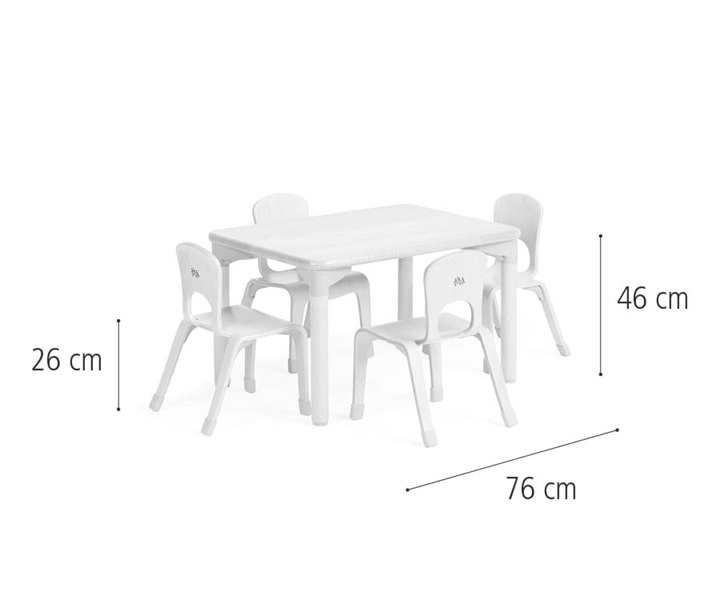 C243 Rectangular play table 46 cm and four chairs 26 cm dimensions