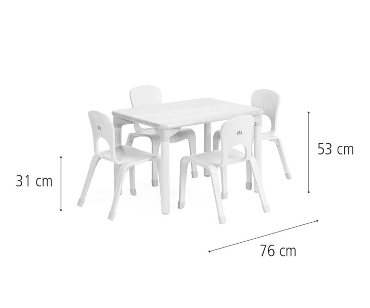 C244 Rectangular play table 53 cm and four chairs 31 cm dimensions