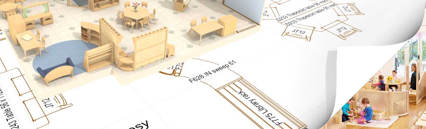 A two- and a three-dimensional room plan, and a nursery room with playing children blended into one image