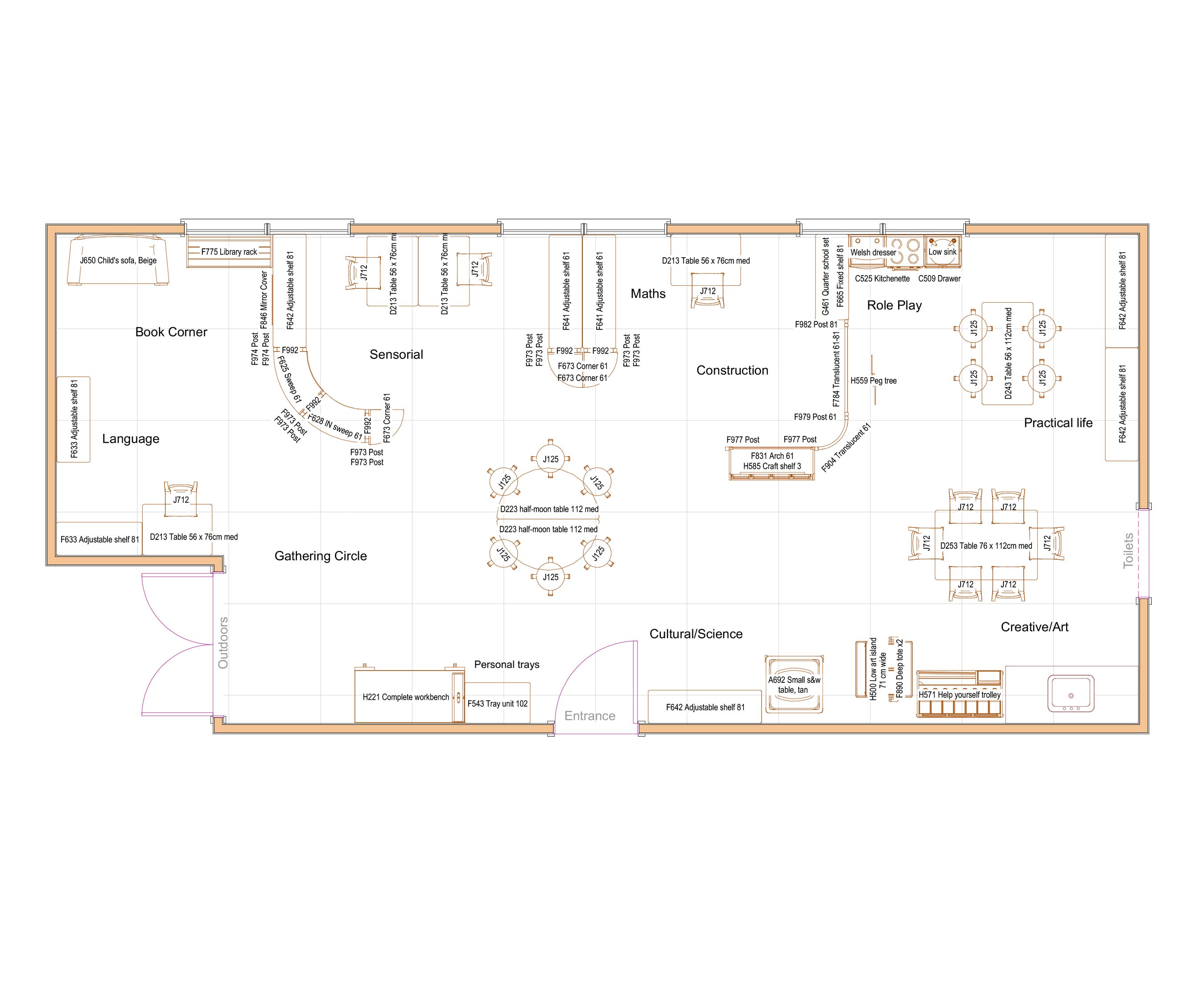 floorplan for planning a Montessori classroom for 20 children