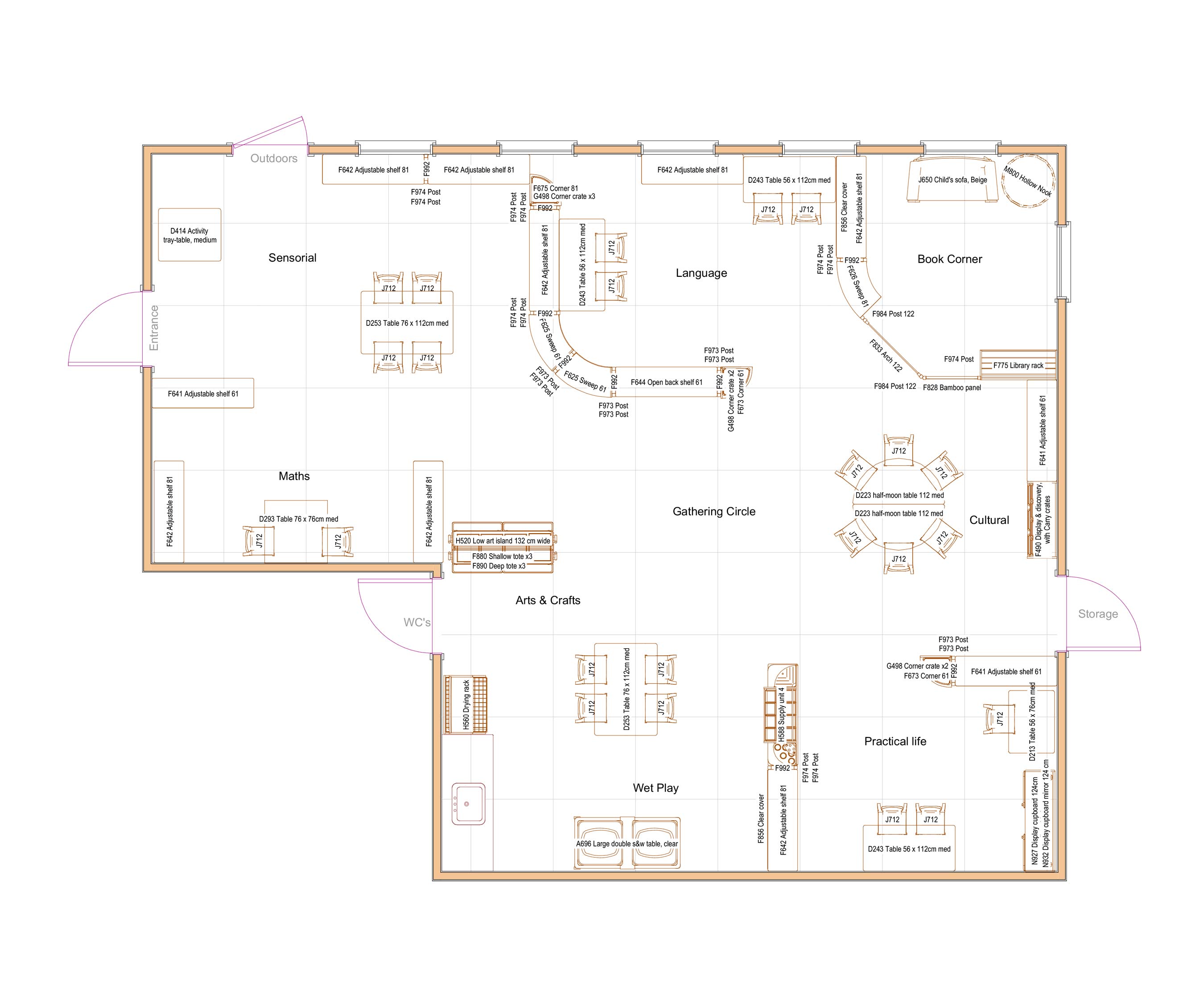 floorplan for planning your Montessori classroom for 30 children
