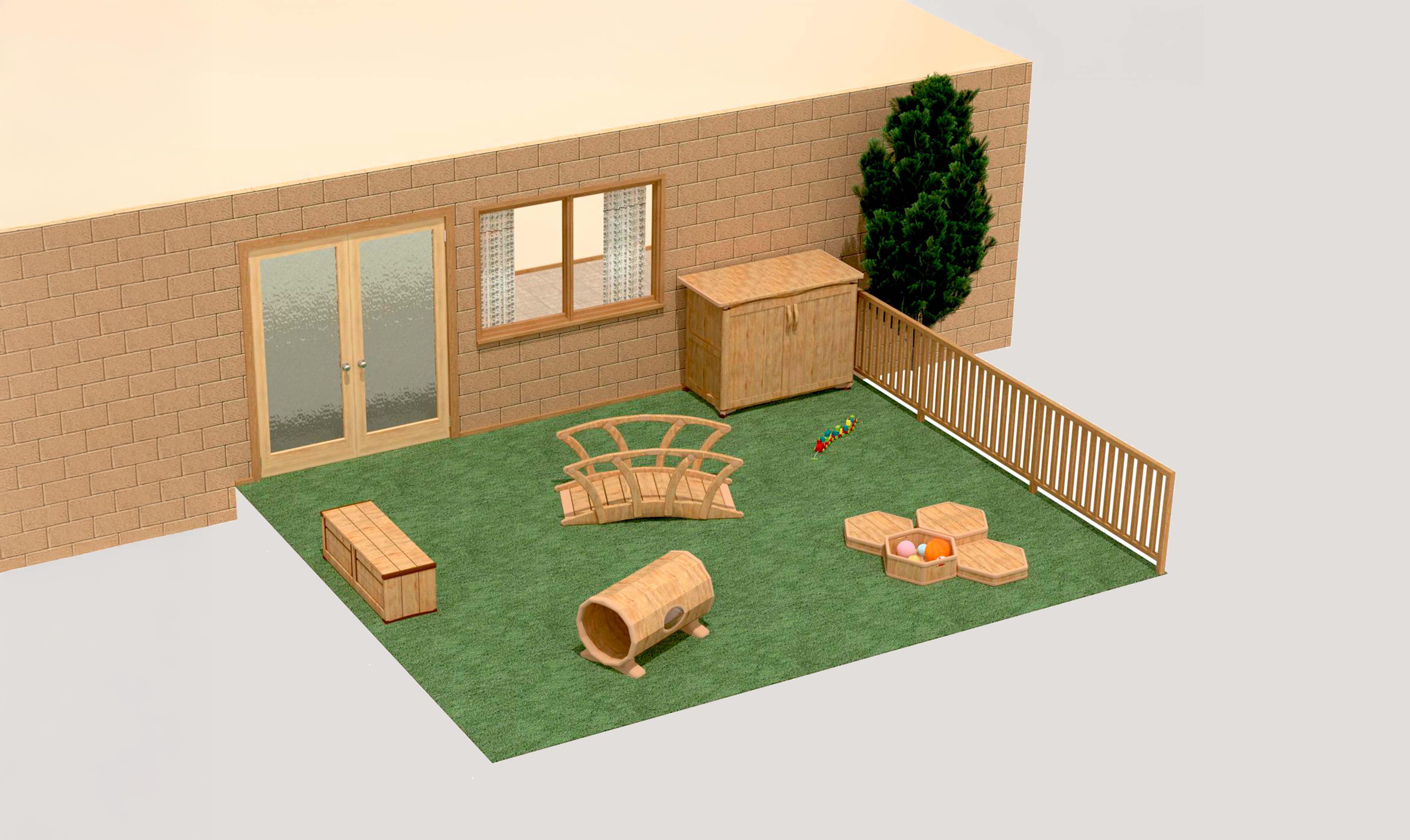 A 3-D rendered floor plan of an outdoor play area for babies.