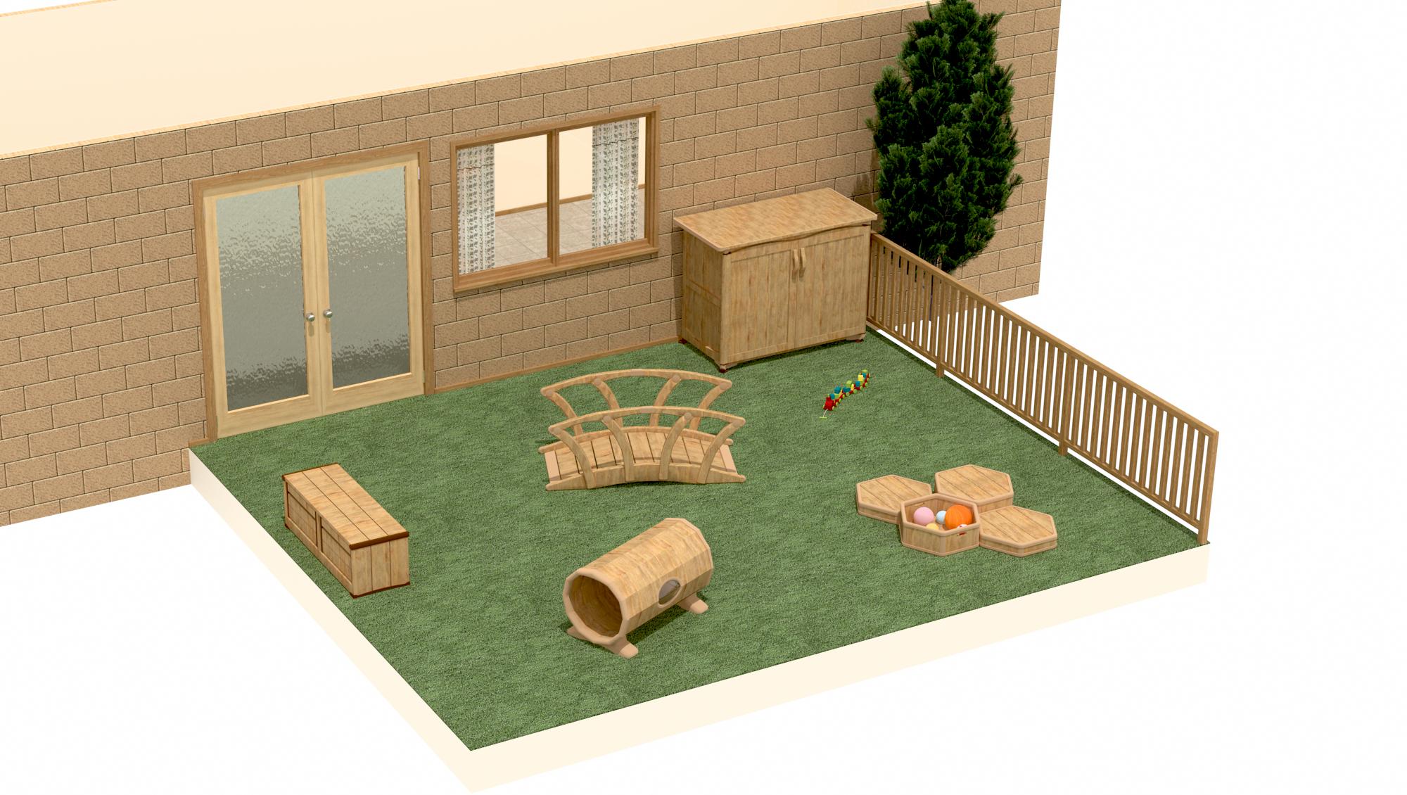 A 3-D rendered floor plan of an outdoor play area for babies.