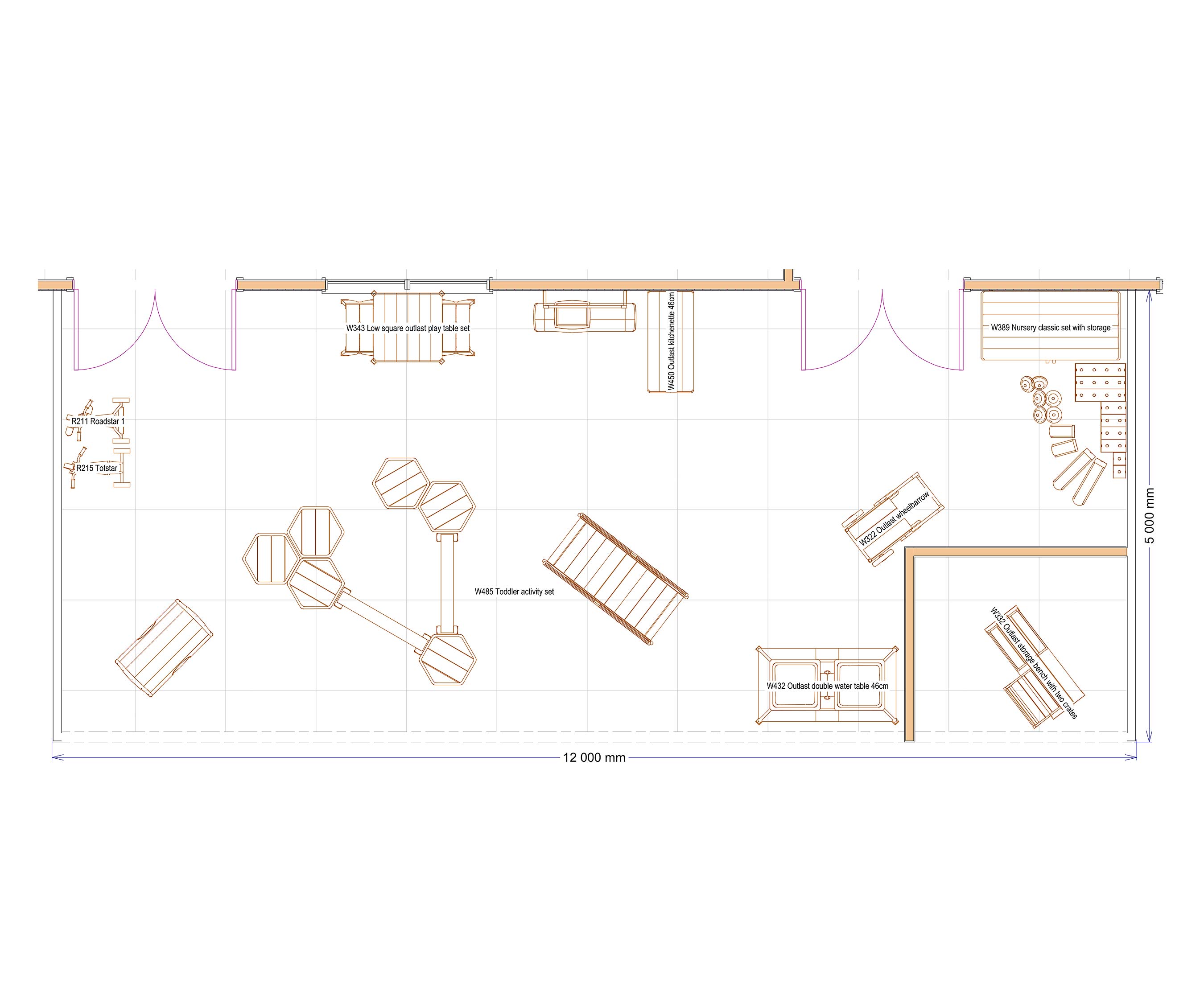 2D layout of a nursery outdoor play area for 2 to 3 year olds