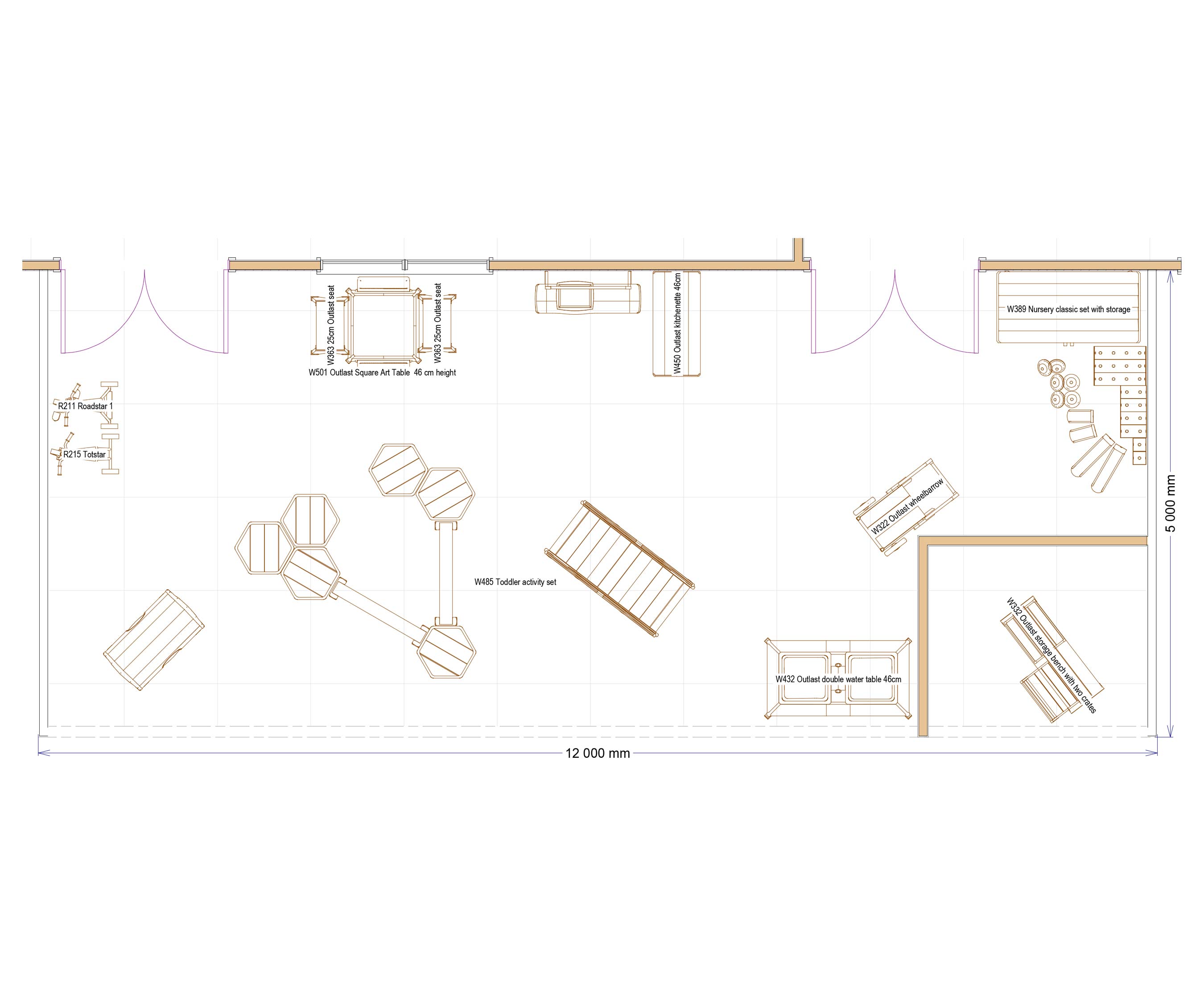 2D layout of a nursery outdoor play area for 2 to 3 year olds