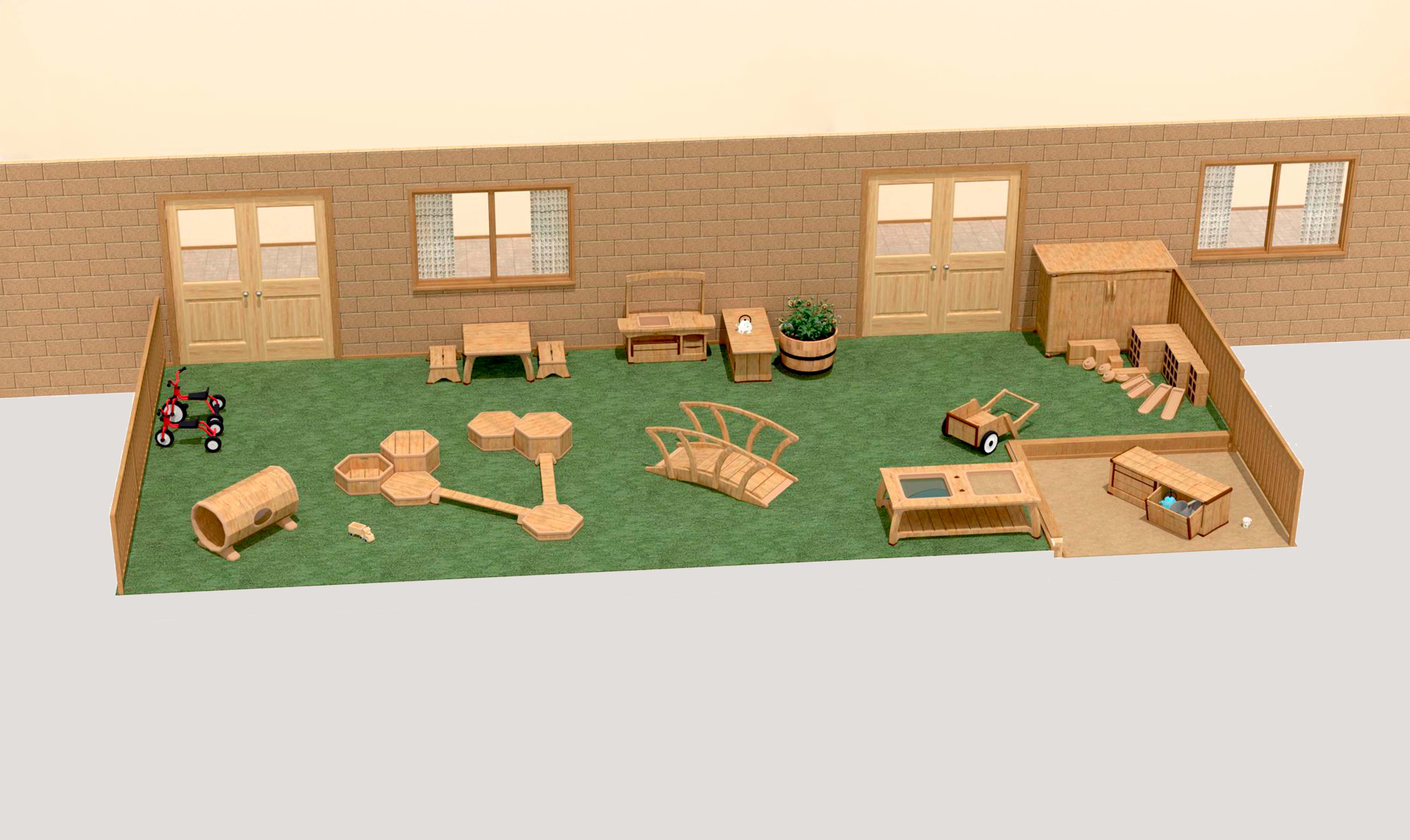 A 3D plan of a  nursery outdoor play area for 2 to 3 year olds