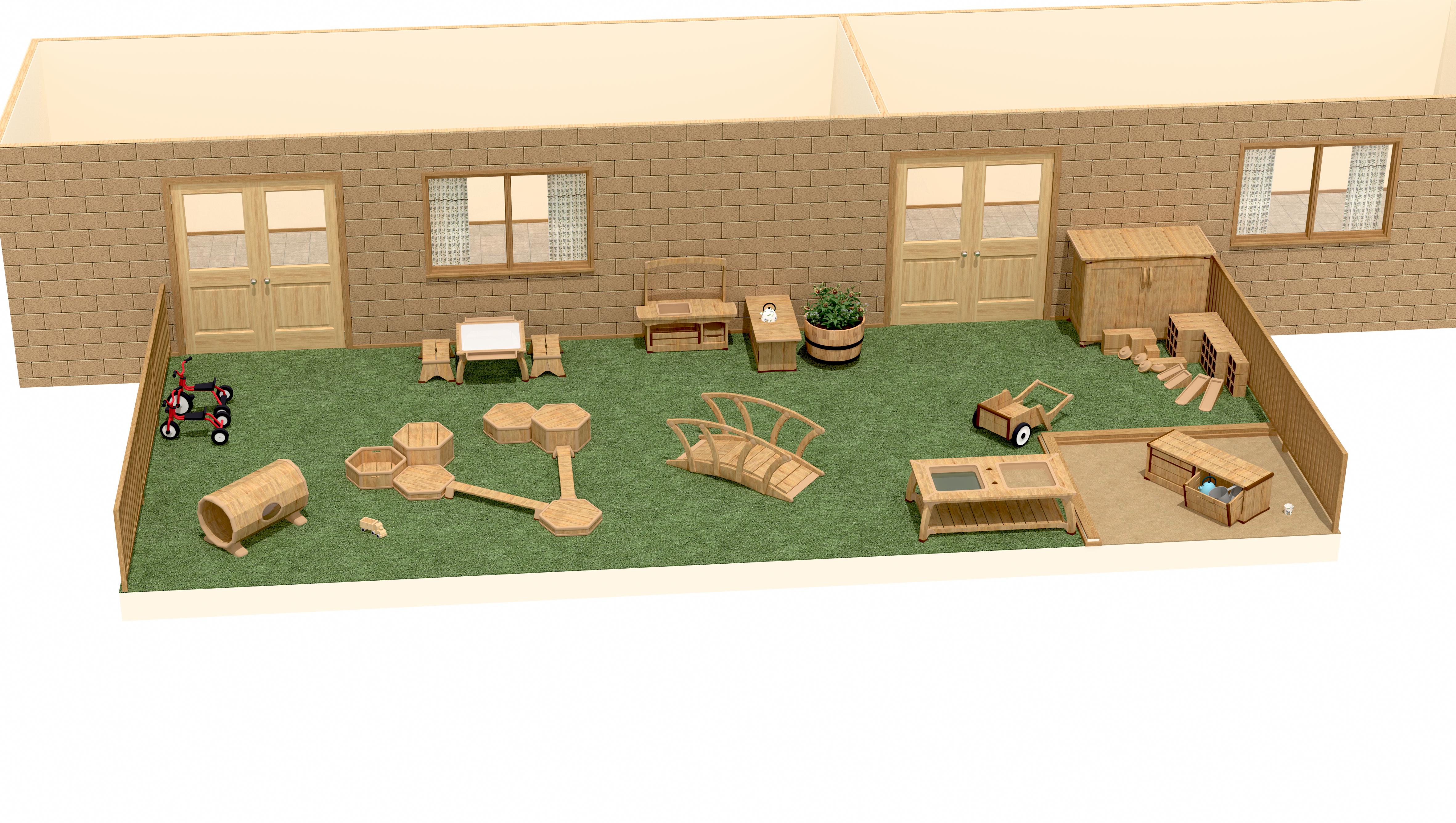 A 3D plan of a  nursery outdoor play area for 2 to 3 year olds