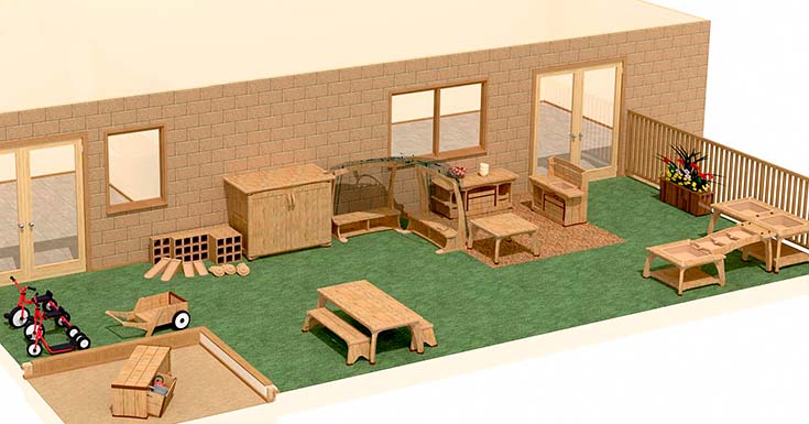 3D floor layout plan for an outdoor play space for 3 to 5 year olds